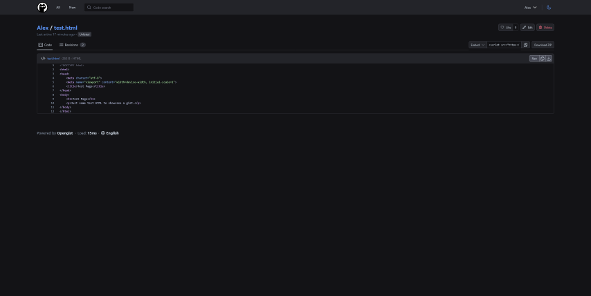 Screenshot of OpenGist on a 1440p monitor, after max-width change